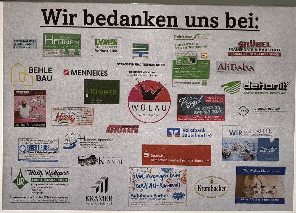 Dankeschön-Tafel des Karnevalsvereins Wülau mit den Logos der Sponsoren, darunter KRAMER FinanzMarkt